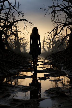 a woman standing in a puddle in a forestの素材