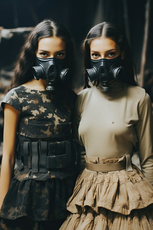 two women wearing gas masksの素材