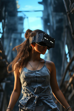 a woman wearing a virtual reality gogglesの素材
