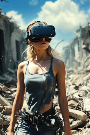 a woman wearing virtual reality gogglesの素材