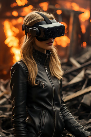 a woman wearing a virtual reality headsetの素材