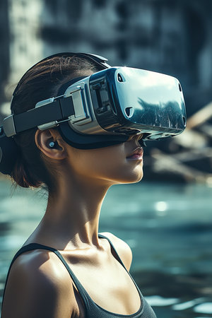 a woman wearing a virtual reality gogglesの素材