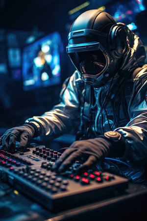 a person in a suit and helmet using a control boardの素材