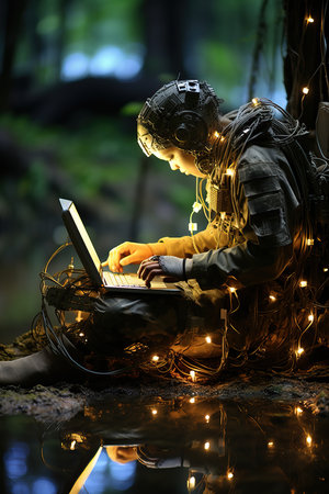 a person in military gear using a laptopの素材