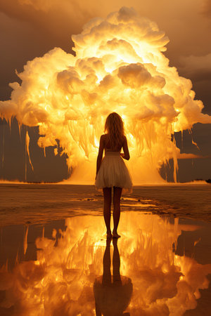 a woman standing in front of a large cloud of smokeの素材