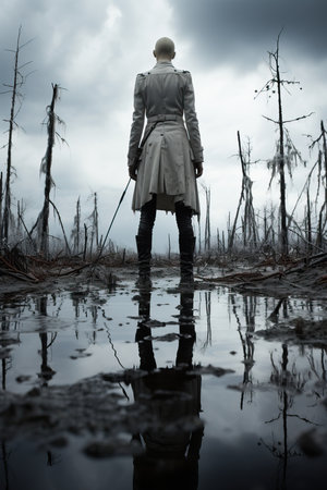 a woman standing in a puddle of water with a caneの素材