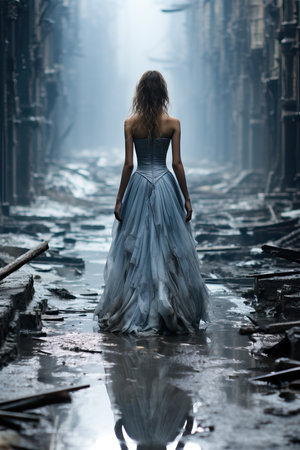 a woman in a dress standing in a ruined buildingの素材
