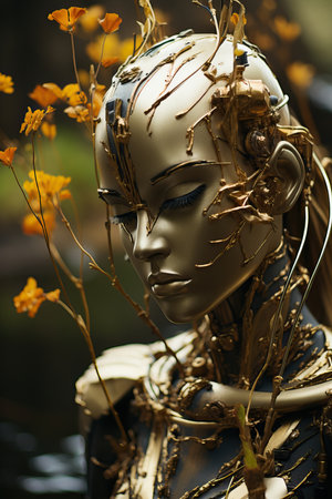 a gold and black robot head with flowersの素材