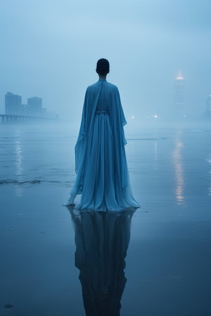 a woman in a blue dress standing in waterの素材