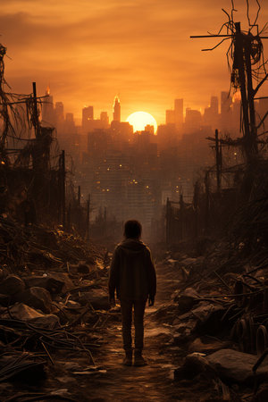 a person standing in a ruined cityの素材