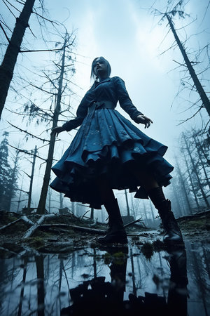 a woman in a blue dress in a forestの素材