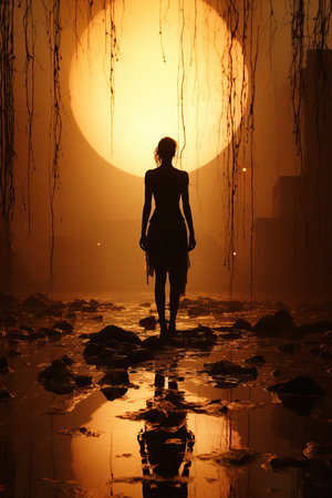 a silhouette of a woman standing in water with a full moon behind herの素材