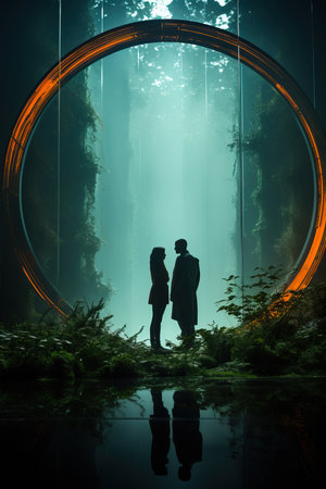 a man and woman standing in front of a round archの素材