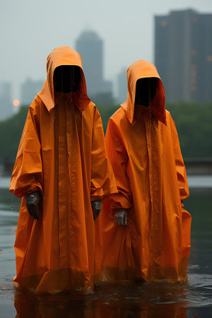 two people wearing orange raincoats standing in waterの素材