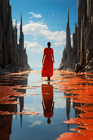 a woman in a red dress walking in a red water wayの素材