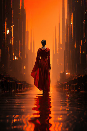 a woman in a red dress walking in a wet streetの素材