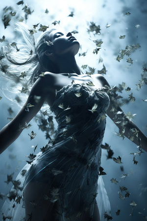 a woman in a dress surrounded by butterfliesの素材