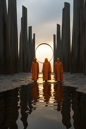 a group of people standing in a circle in front of a large group of tall pillarsの素材