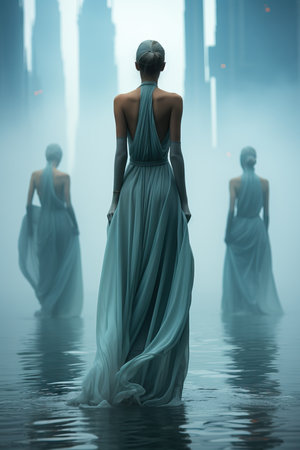 a woman in a dress standing in waterの素材