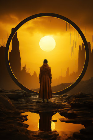 a person standing in front of a circle with a yellow sun in the backgroundの素材