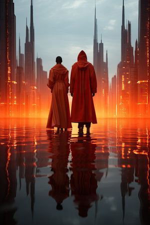 two people standing in water with a city in the backgroundの素材