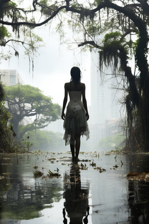 a woman in a dress standing in waterの素材