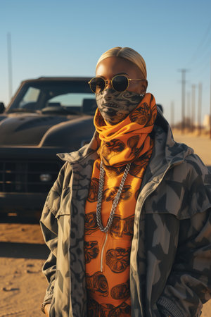 a woman wearing sunglasses and a scarf and a scarf around her neckの素材