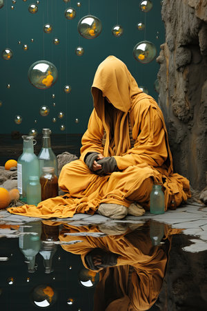 a person in a robe sitting next to bottles and bottlesの素材