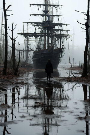 a person standing in a puddle next to a shipの素材