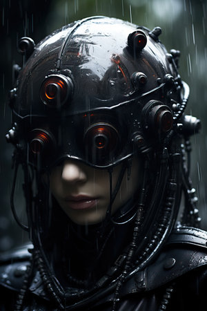 a woman wearing a black helmet with red eyesの素材