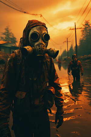 a man wearing a gas mask walking in a flooded areaの素材