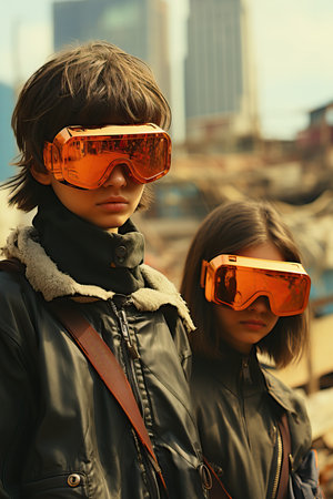 a couple of people wearing orange gogglesの素材