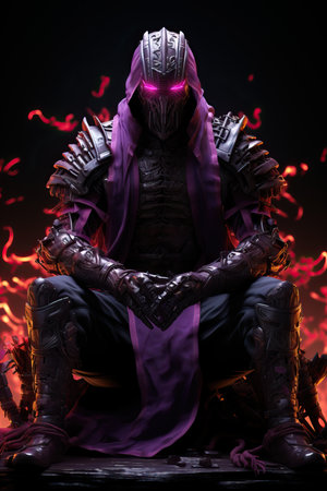 a person in armor with purple hood and purple eyesの素材