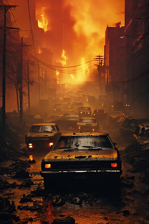 cars in a road with cars on fireの素材