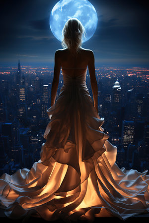 a woman in a dress looking at a city at nightの素材