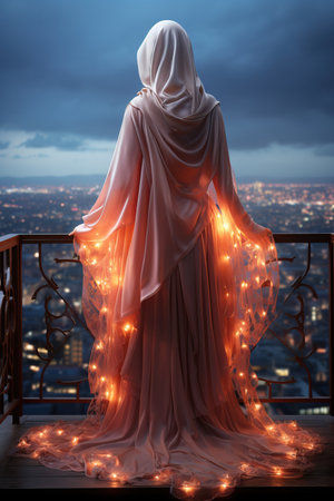 a person wearing a white robe with lights on their backの素材