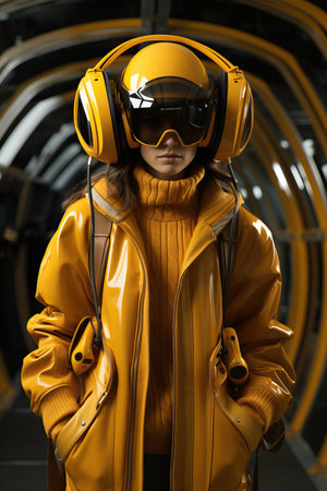 a woman wearing yellow coat and gogglesの素材