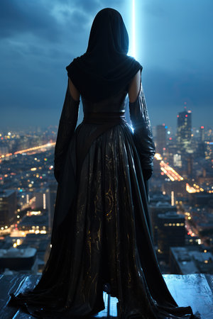 a woman in a black dress looking at a cityの素材