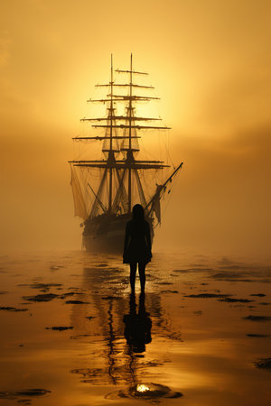 a woman standing in front of a shipの素材