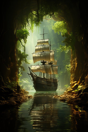 a ship in a riverの素材