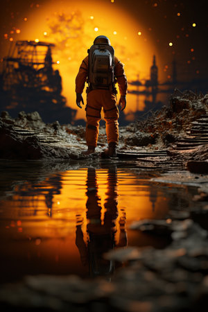 a man in a space suit standing in a puddle of waterの素材