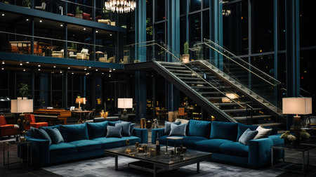 a living room with a staircase and a couchの素材