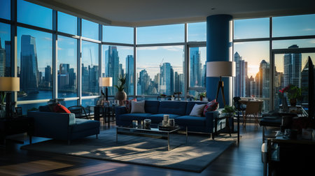 a living room with a large window overlooking a cityの素材