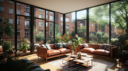 a living room with a couch and a coffee tableの素材