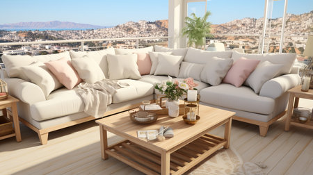 a living room with a couch and a coffee tableの素材
