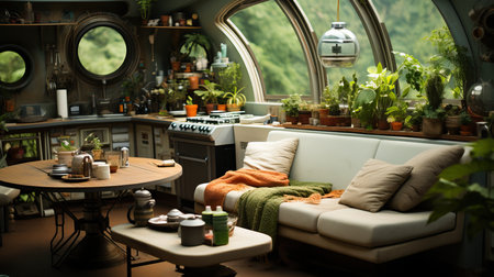 a room with a couch and a table and a round windowの素材