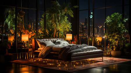 a bed in a room with a large window and a city viewの素材