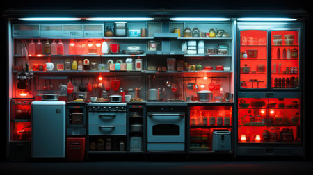 a kitchen with many shelves and utensilsの素材