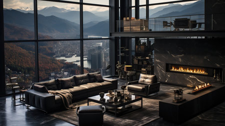 a living room with a fireplace and a view of a cityの素材