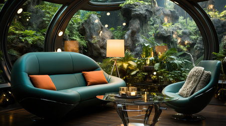 a room with a glass wall and a couch and a tableの素材